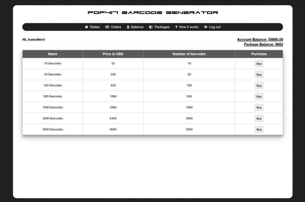 Table of packages for generating barcodes