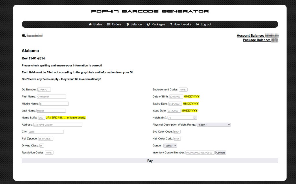 Barcode creation form for state of Alabama