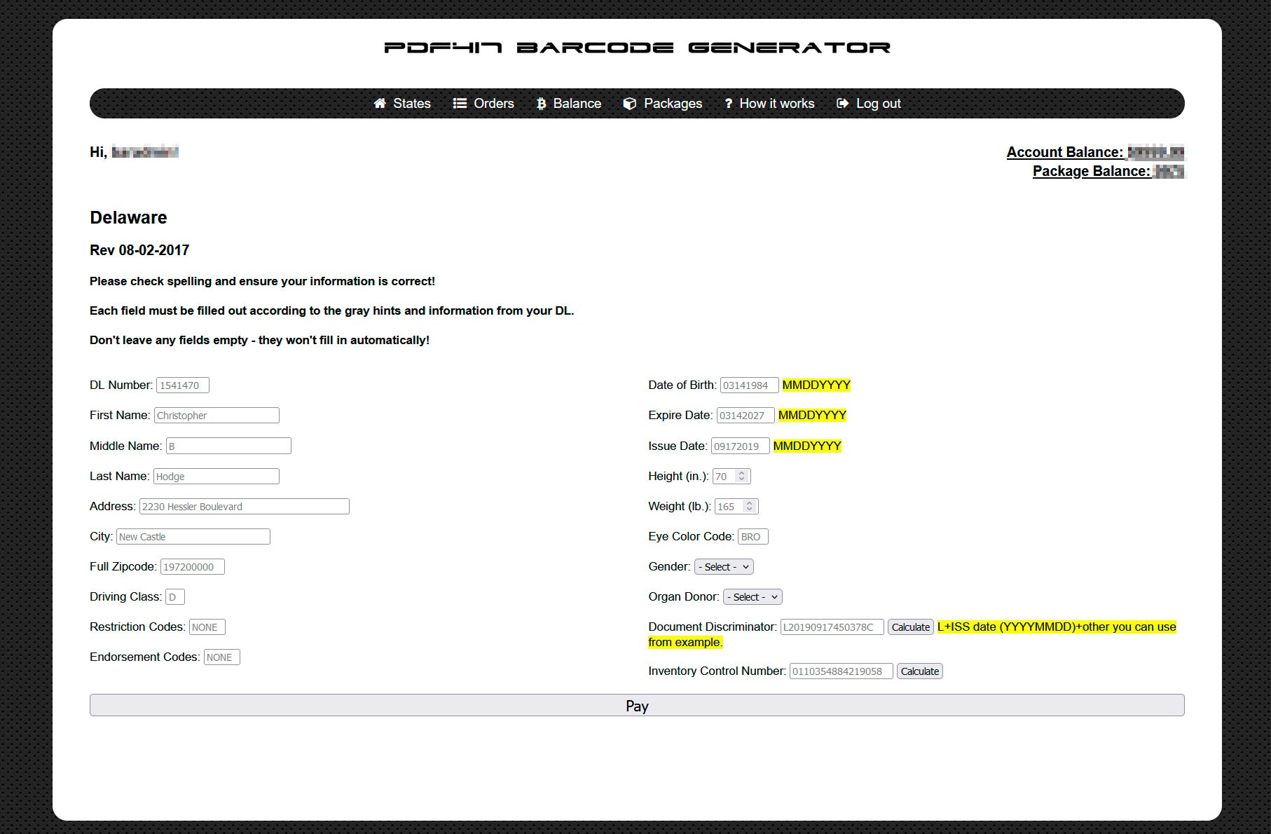 Barcode creation form for state of Delaware