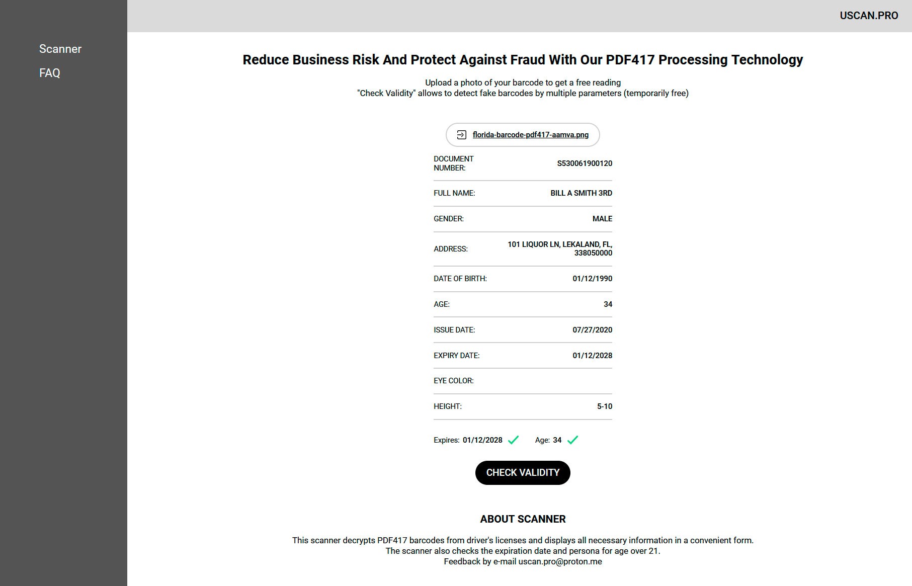 Valid Florida Barcode PDF417