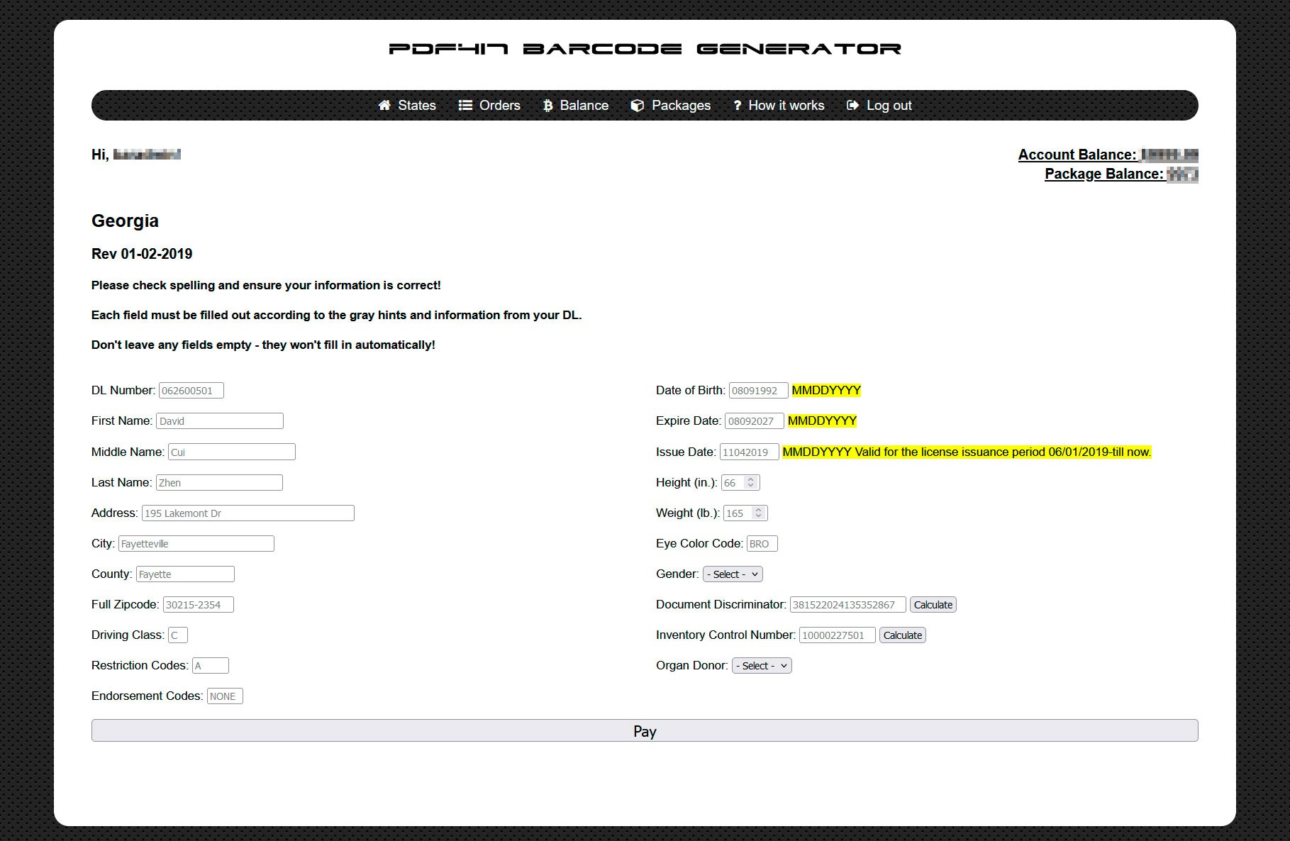 Generation PDF417 Barcode For Georgia DL