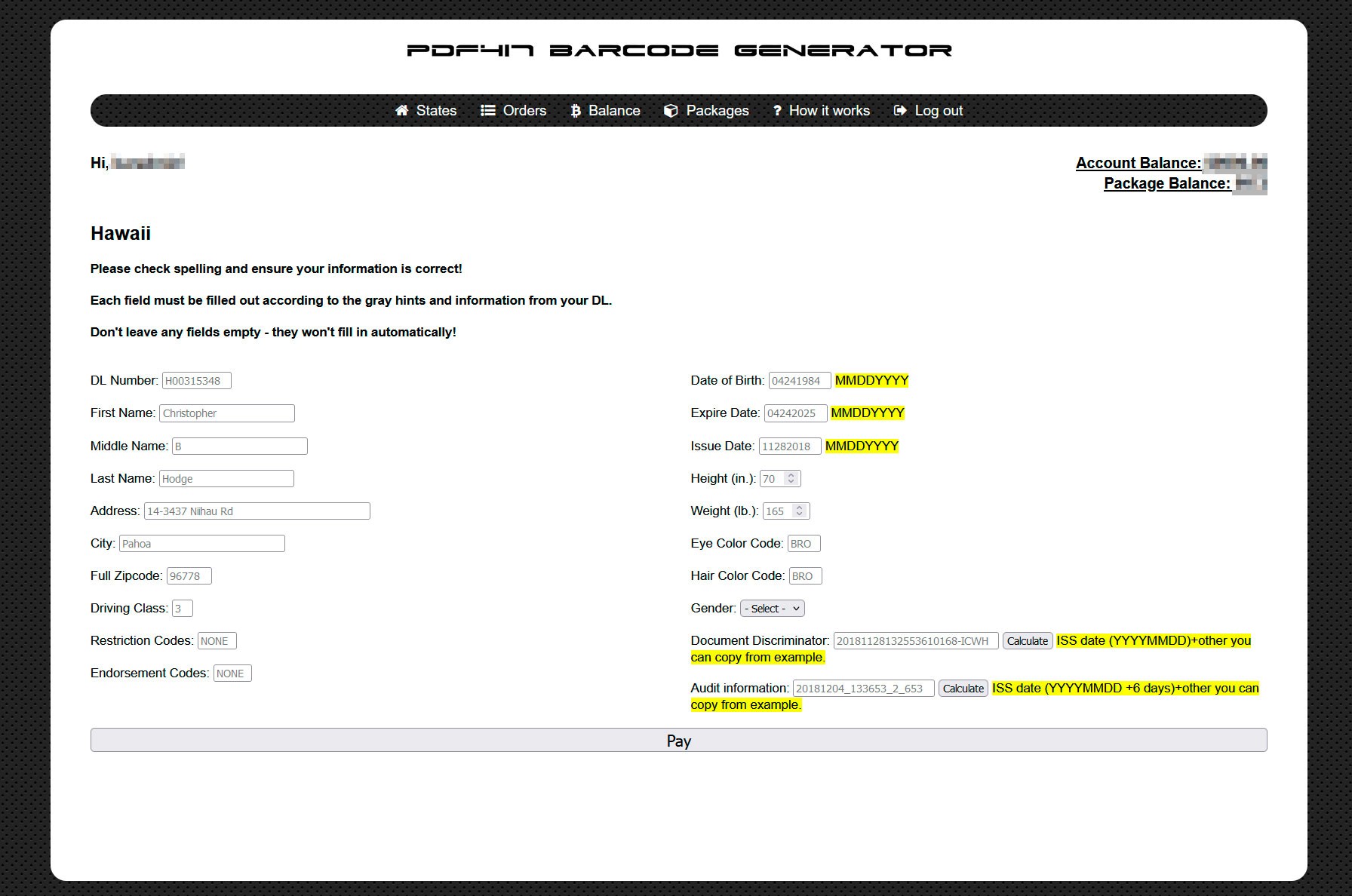 Generation PDF417 Barcode For Hawaii DL