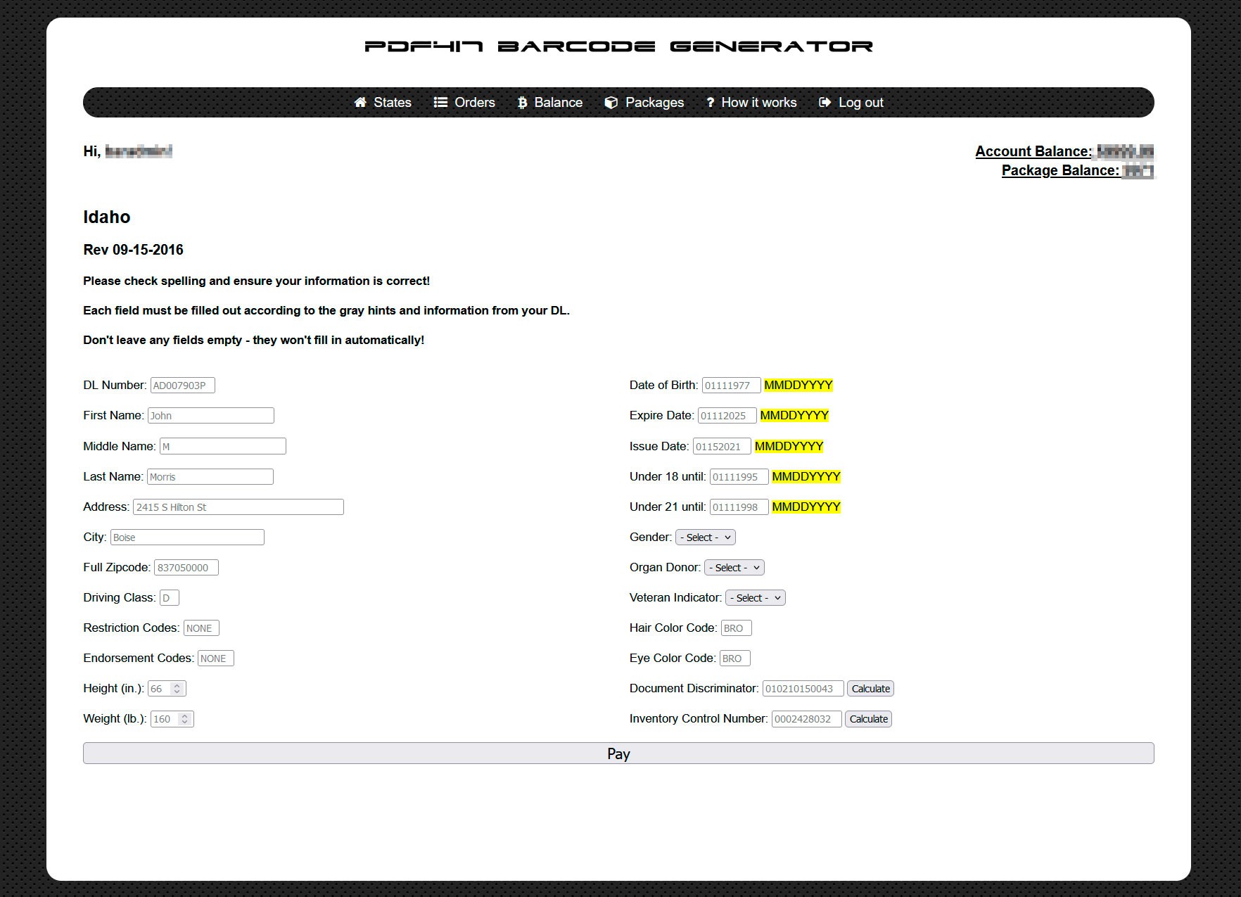 Generation PDF417 Barcode For Idaho DL