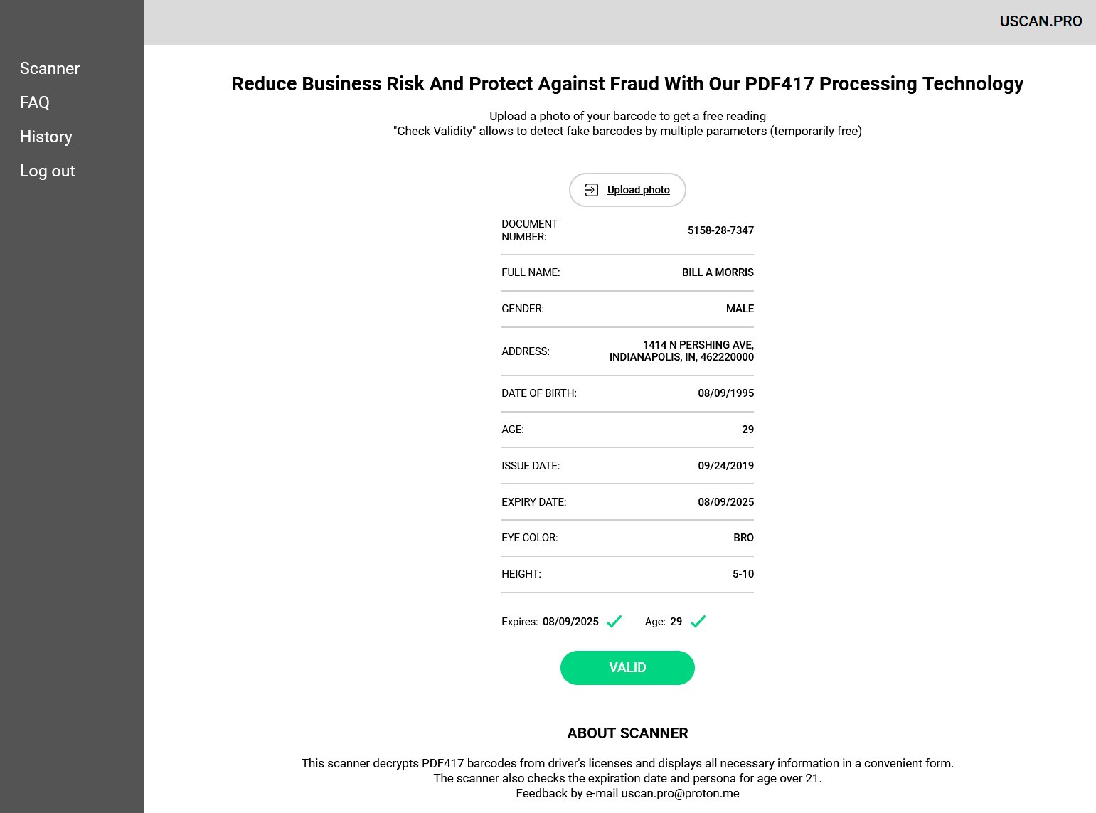 Scanned Valid Barcode ID Indiana