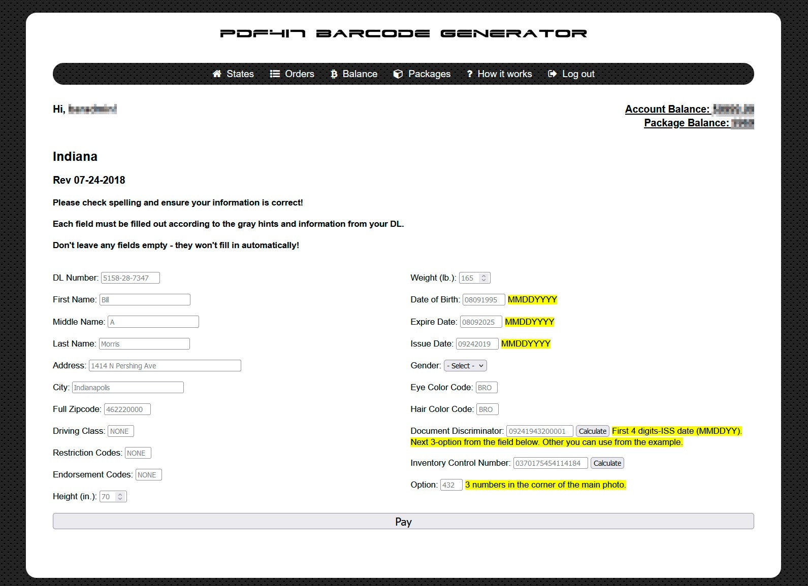 Generation PDF417 Barcode For Indiana DL