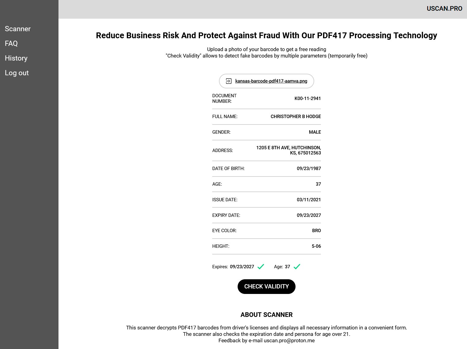 Scanned Valid Barcode ID Kansas