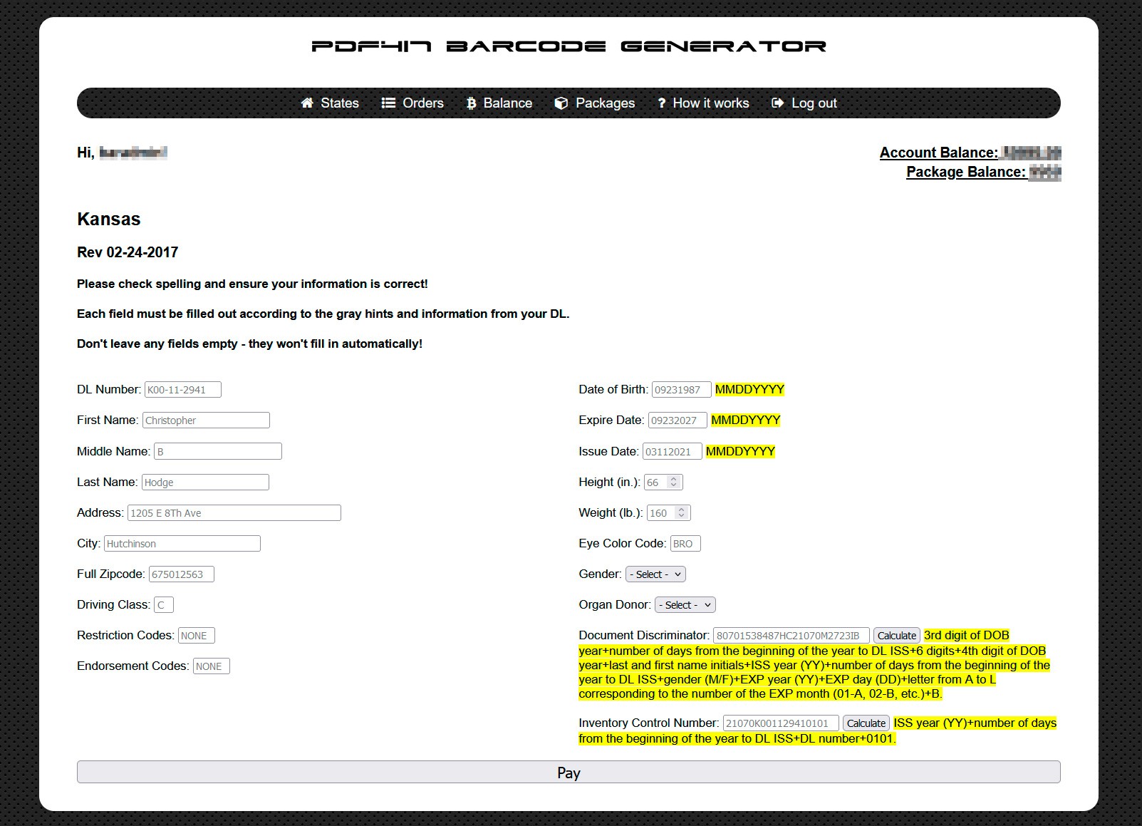 Generation PDF417 Barcode For Kansas DL