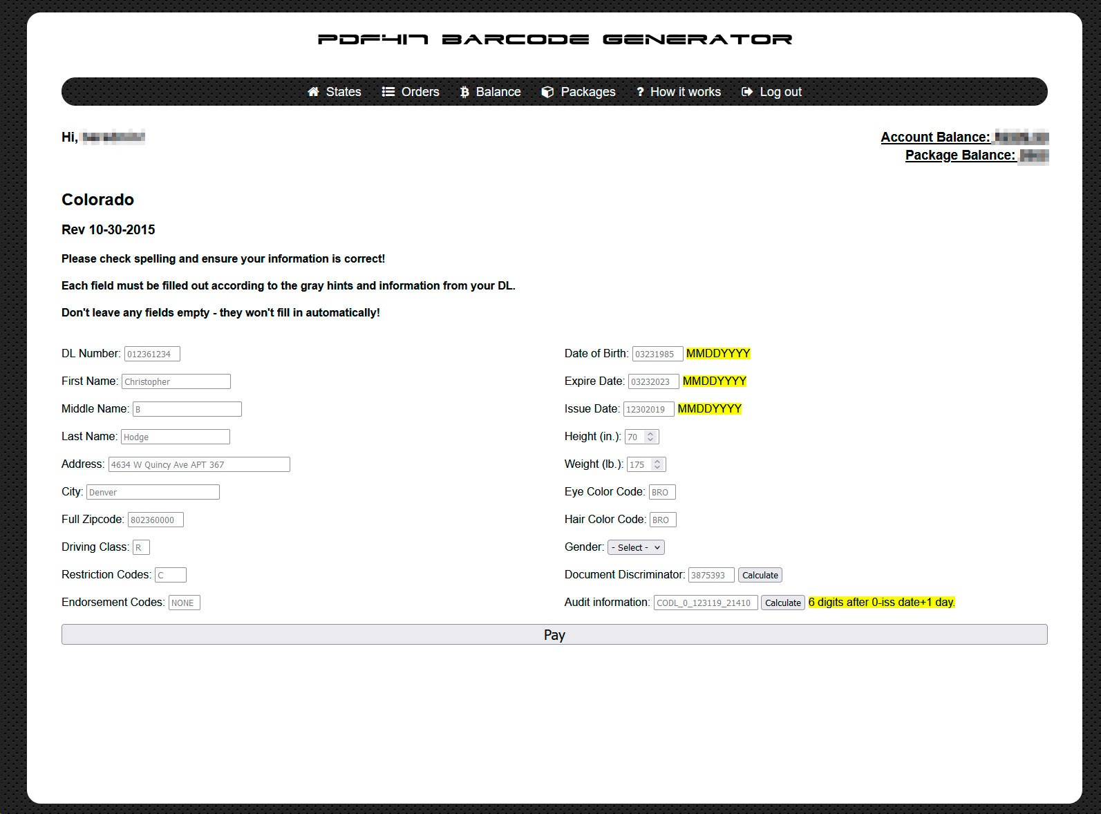 Generation PDF417 Barcode For Colorado DL