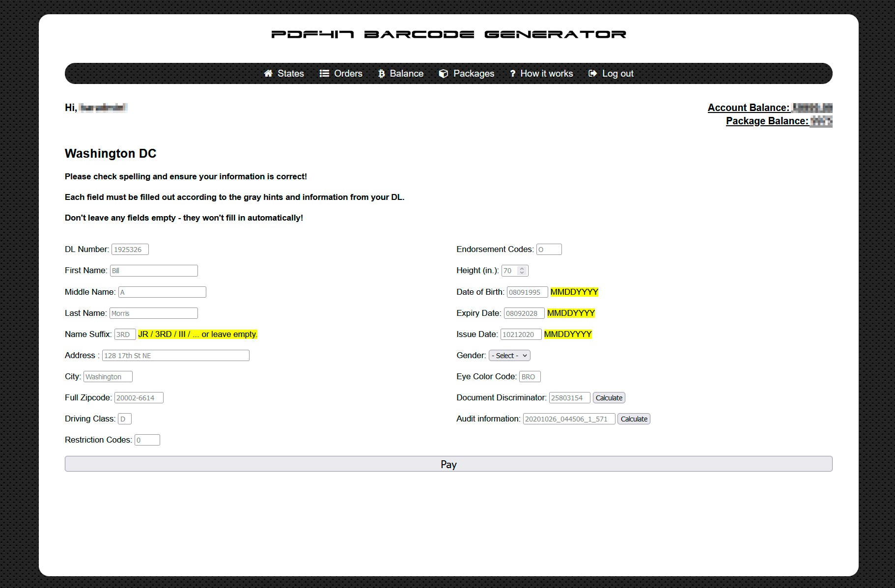 Generation PDF417 Barcode For Washington D.C. DL